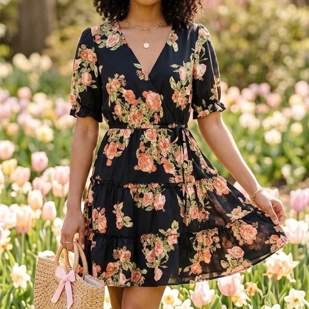 Hint of Blush Floral Tiered Faux Wrap Mini Dress Black Orange Size M Cottagecore
